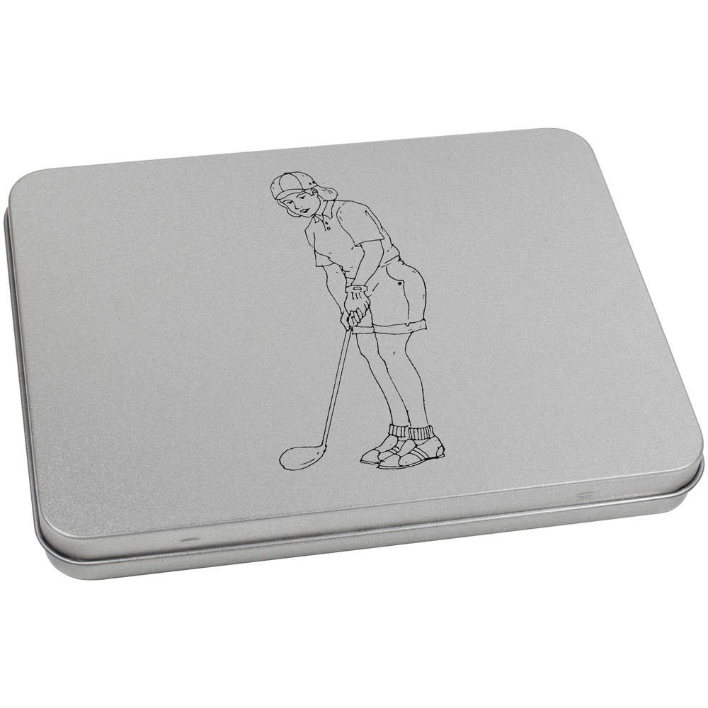 Azeeda 170mm 'Lady Playing Golf' Metal Hinged Tin/Storage Box (TT00048990)