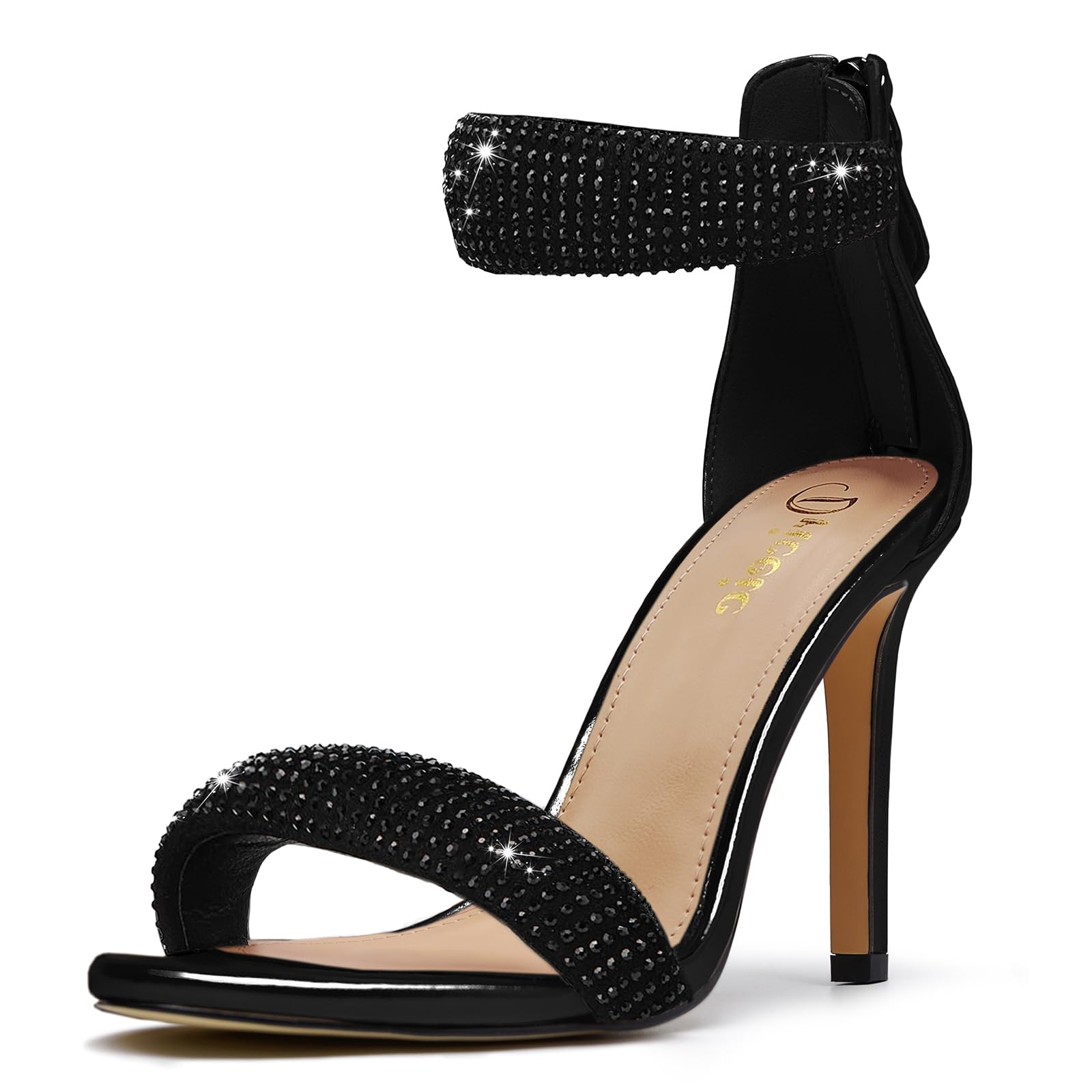 driceic Women's Pump Open Toe Heel Sandals Back Zipper Round Ankle Strappy Stiletto Heels Sparkle Glitter Metallic Party Sexy Wedding Dressy Shoes