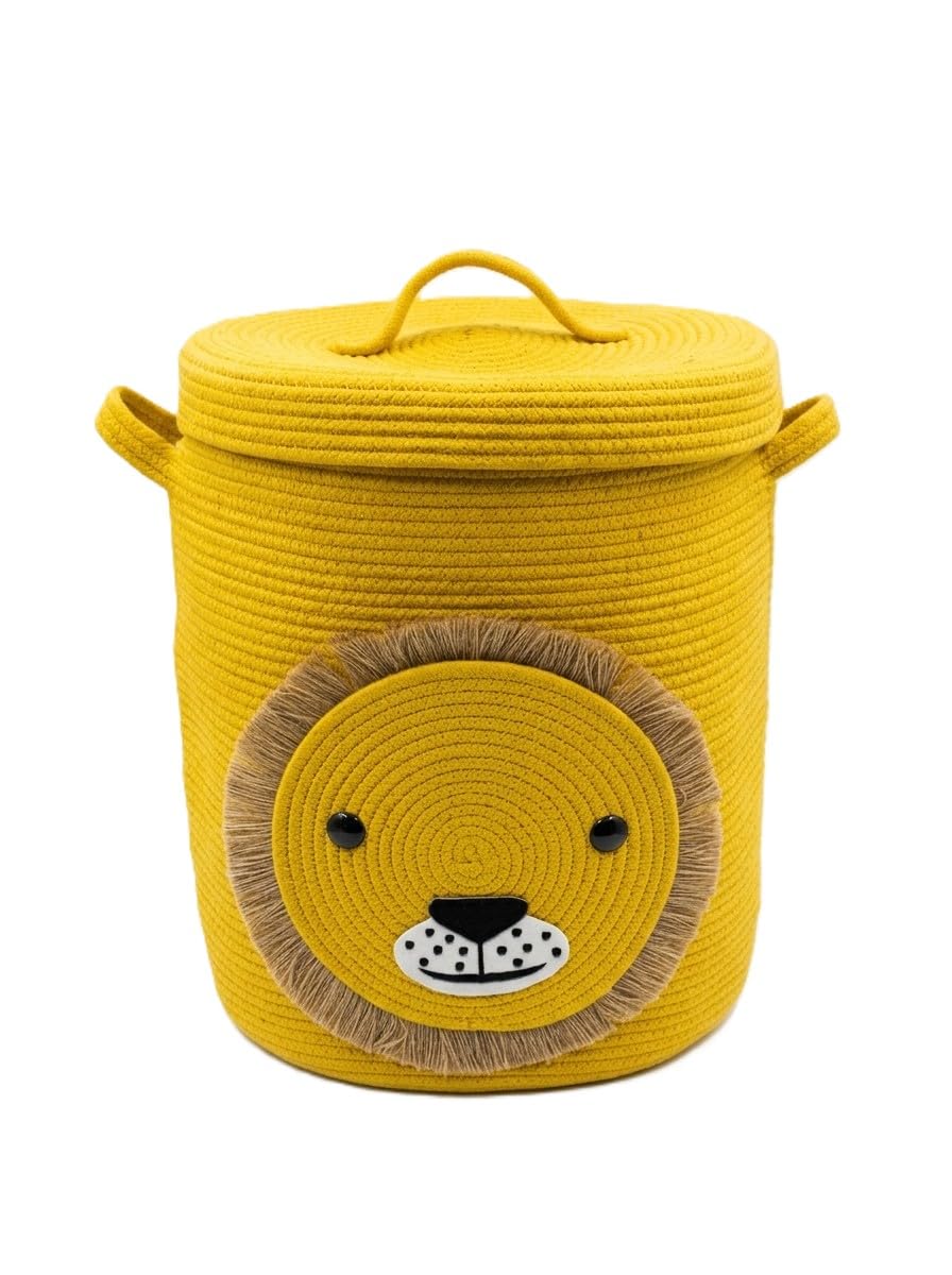 loom & luster cotton rope storage basket with lid, cute cartoon organizer bin for laundry, toys, clothes, blankets, towels, nursery, playroom, mustard lion, 10x10 inches