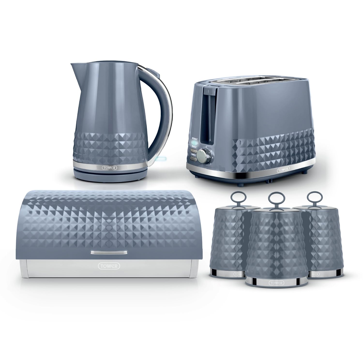 Tower Solitaire 4 Piece Kitchen Bundle, 3kW 1.5L Kettle (T10075GRY), 2 Slice Toaster (T20082GRY), Roll Top Bread Bin (T826206GRY) & 3 x 1.3L Canisters (T826207GRY), Grey, EEJB477