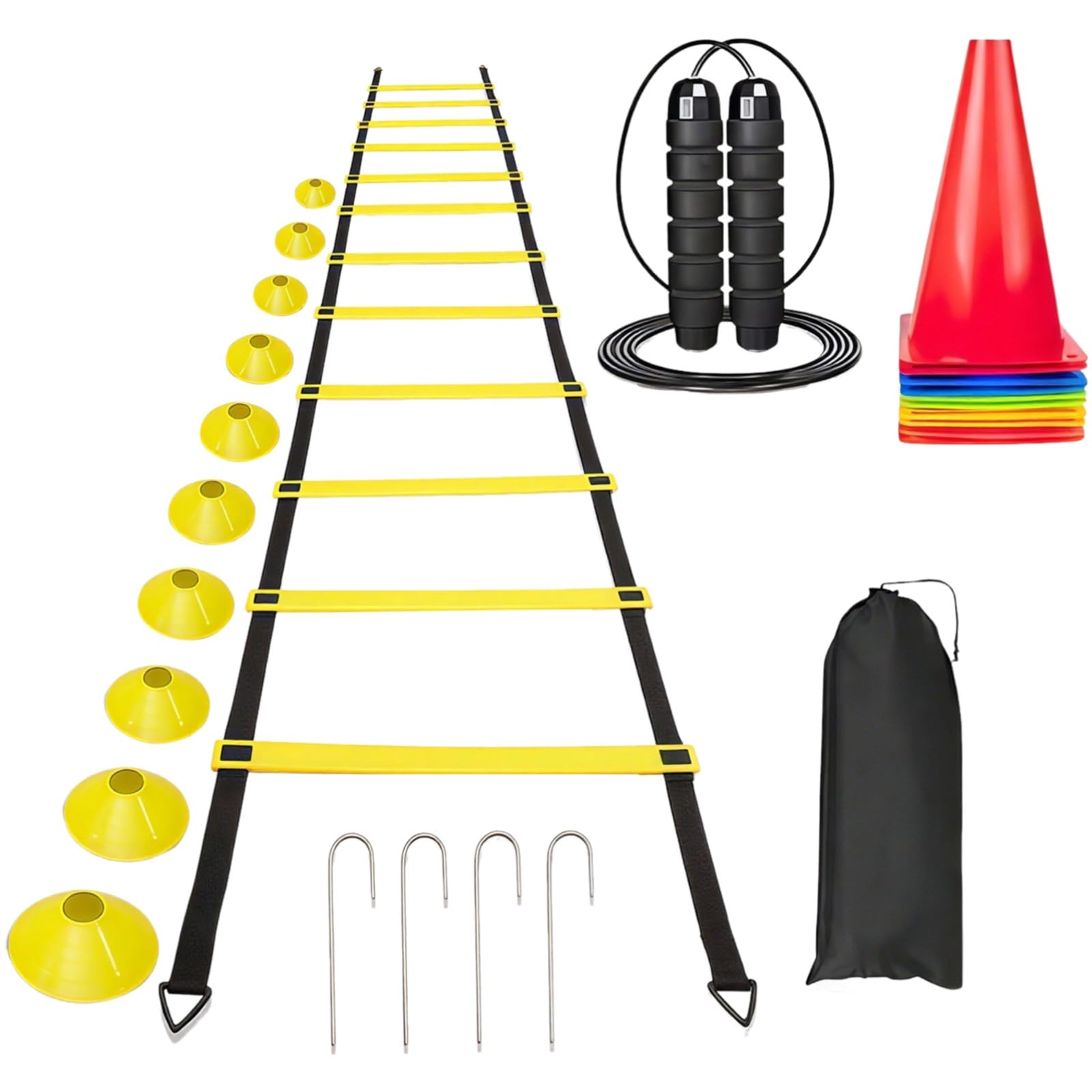 Generisch Juego de escalera de agilidad de 6 m, escalera de 12 peldaños con 10 conos de fútbol y bolsa de transporte, equipo de entrenamiento de fútbol para agilidad, velocidad y coordinación