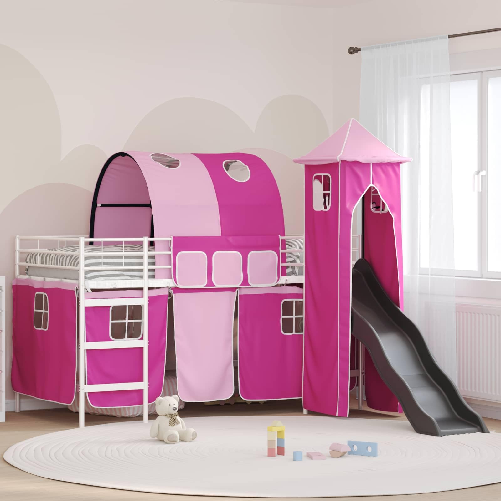 Kinderloftbett Weiß Rosa 90 x 200 cm Metall Hochbett mit Rutsche Vorhängen und Turm für Kinderzimmer Spielbereich Lattenrost und mittelfeste Matratze platzsparend robust