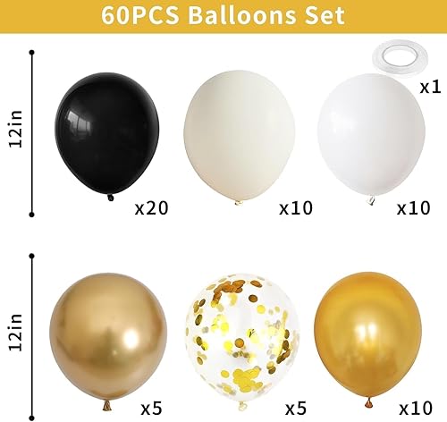 Miniatura 2 de Globos de color negro, dorado y beige, 60 globos de arena negra dorada y blanca con globos de fiesta de confeti dorado metálico para graduación,