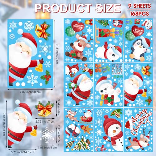 168 Pcs Christmas Window Decorations - Merry Christmas Window Clings for Glass Windows, Santa Claus Snowflake Christma Window Stickers Decals for Indoor Home Xmas Holiday Winter Party Decor, 9 Sheet - image 3