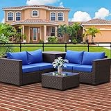 Patio PE Wicker Furniture Set 4 Pieces Outdoor Brown Rattan Sectional Conversation Sofa Chair with...