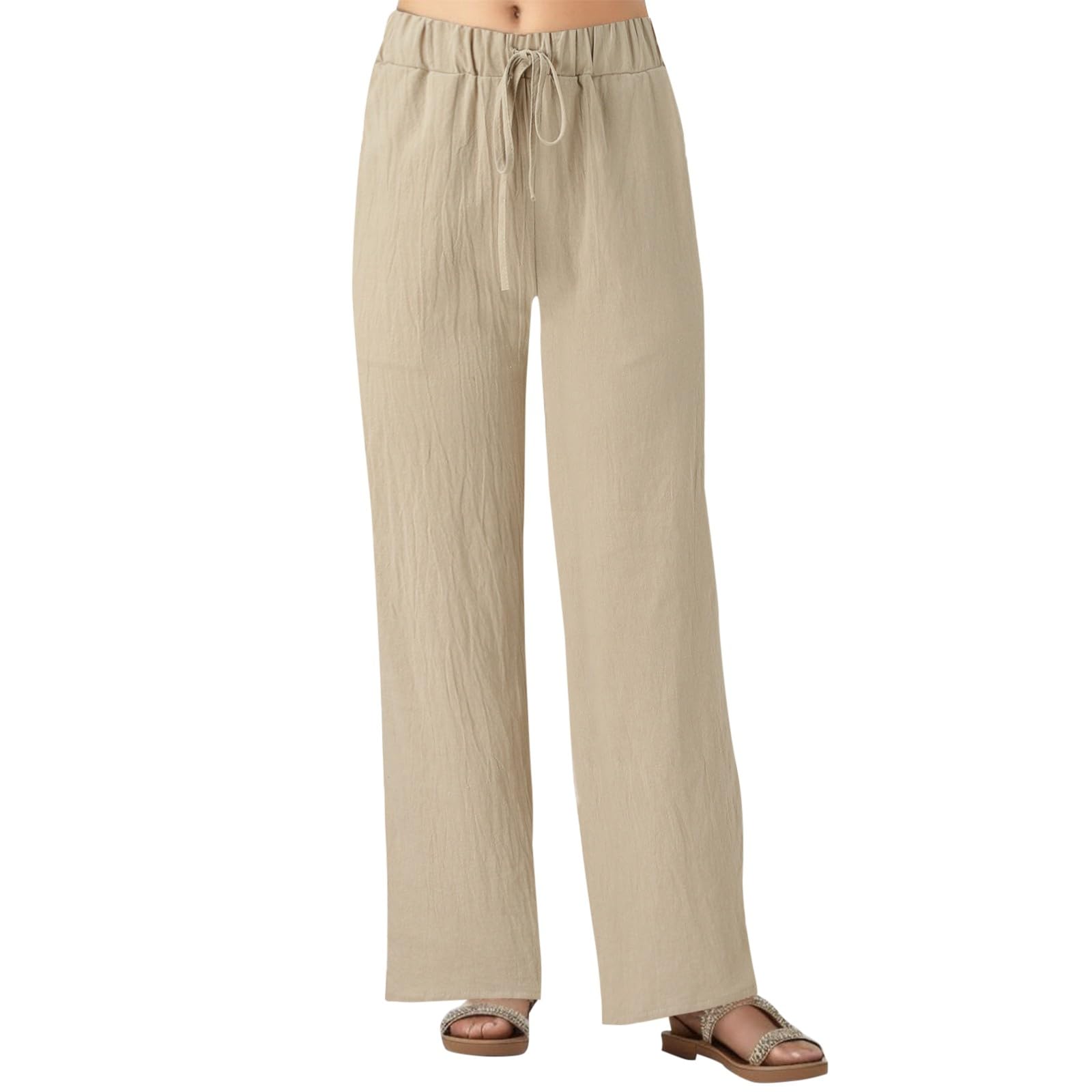 Womens Linen Trousers UK Summer Drawstring Elastic Waist Pants Ladies Straight Leg Linen Trouser Casual Lightweight Baggy Trousers Comfy Lounge Pants Beige 5XL