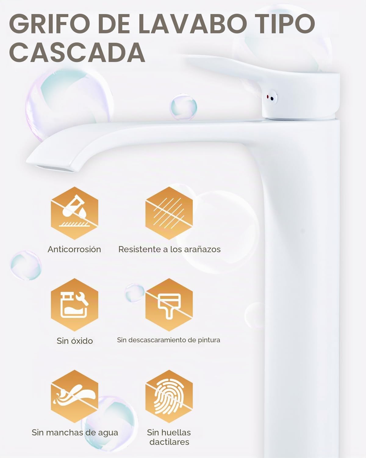Grifo de baño blanco con cascada, mezclador de baño alto, monomando de lavabo de cascada de latón