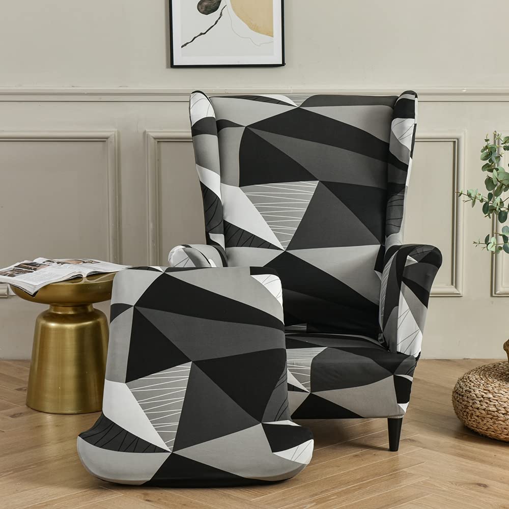 Ohrensessel Bezug 2-teilig, Stretch Sesselüberzug mit Kissenbezug, bedruckter Spandex Sesselbezug, waschbarer Ohrensessel Überzug für Wohnzimmer, Schlafzimmer Dunkelgrau Einheitsgröße