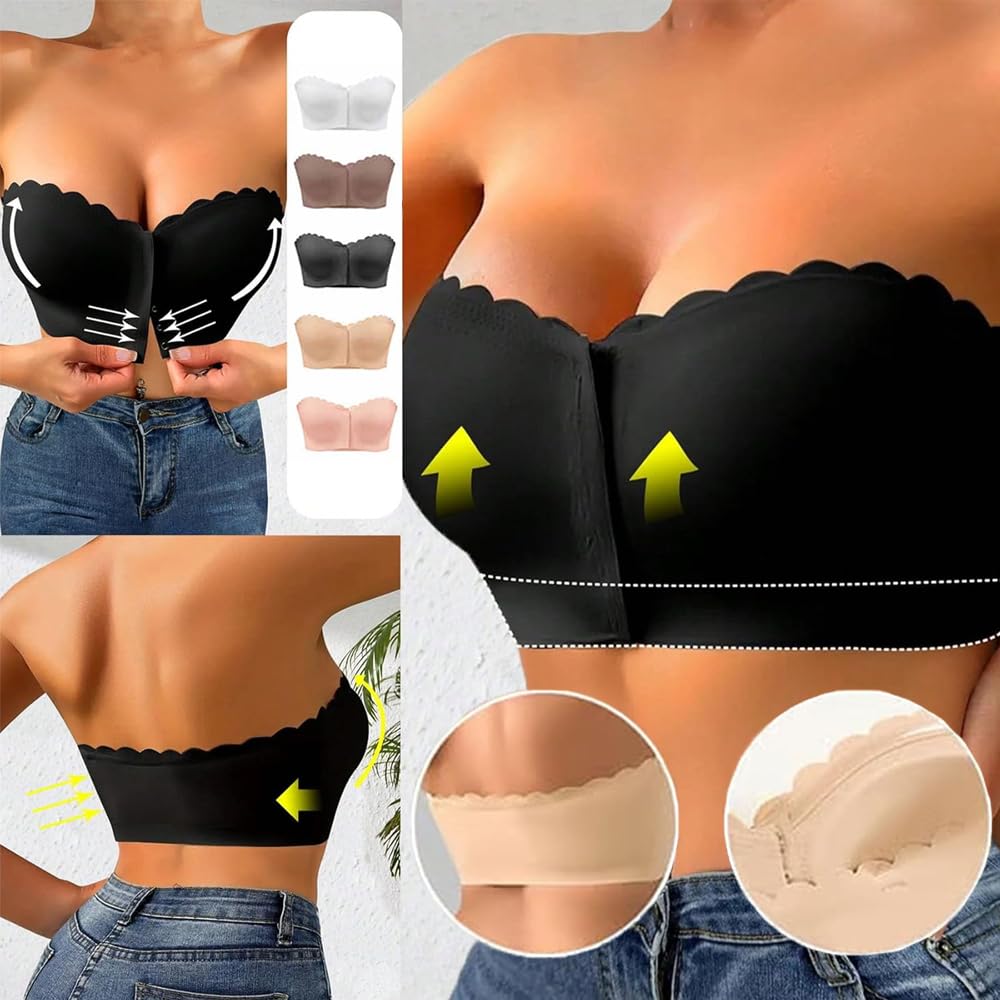 Surpassdo Seamless Front Closure Strapless Bandeau Bra, Non-Slip Ultimate Wavy Edge Comfort Support Bralette