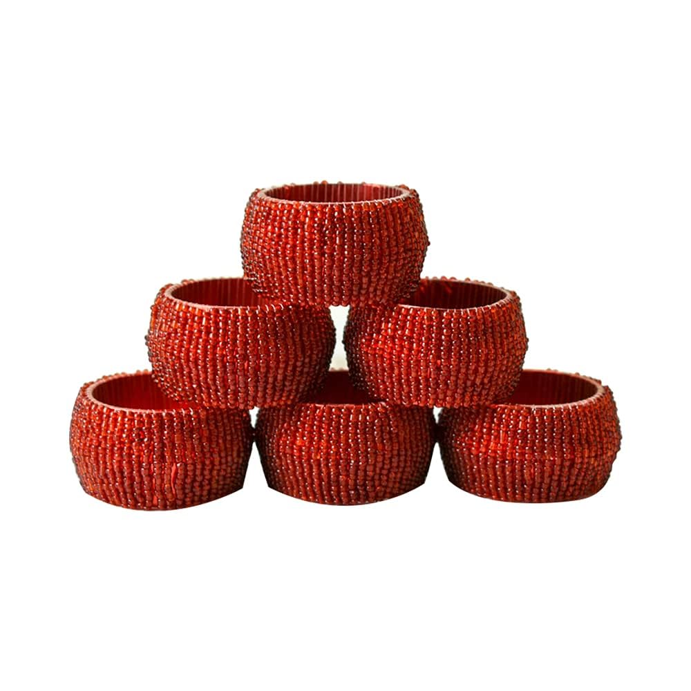 Ajuny Red Beaded Napkin Rings Set of 12 Handcrafted Round 1.5" (3.8 cm) Holders for Dining Table Décor, Table Setting Accessories, Wedding & Christmas Dinner & Everyday Use