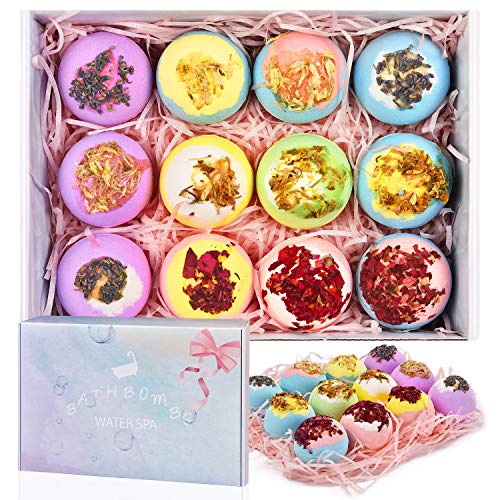 12 Bath Bombs Gift Set, Handmade Bubble Bath Bombs with Organic Essential Oil & Natural Dry Flowers, Fizzies Spa Kit for Kids Her/Him Wife Women Birthday Valentines Mother's Day