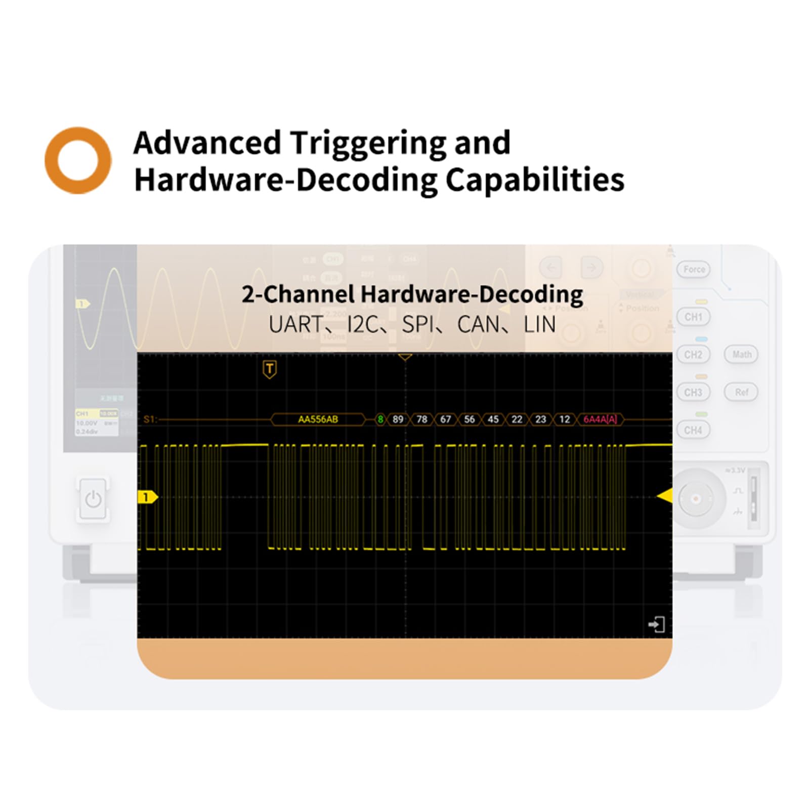 Weytoll 4-Kanal-Digitaloszilloskop (100 MHz), 12-Bit-Auflösung, 1,25 GSa/s Echtzeit-Abtastung, 7-Zoll-Multi-Touchscreen, 50 m Tiefe, 700.000 Wfms/s Erfassungsrate (EU-Stecker)