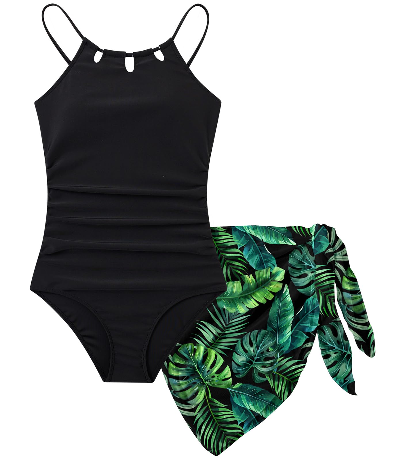 Girls One-Piece Swimsuit Bathing Suit with Cover Ups Size 7-16 | Adjustable spaghetti straps,Cut-out design, Removable chest pads, Swimwear for the beach, swimming pool, Hawaiian vacation