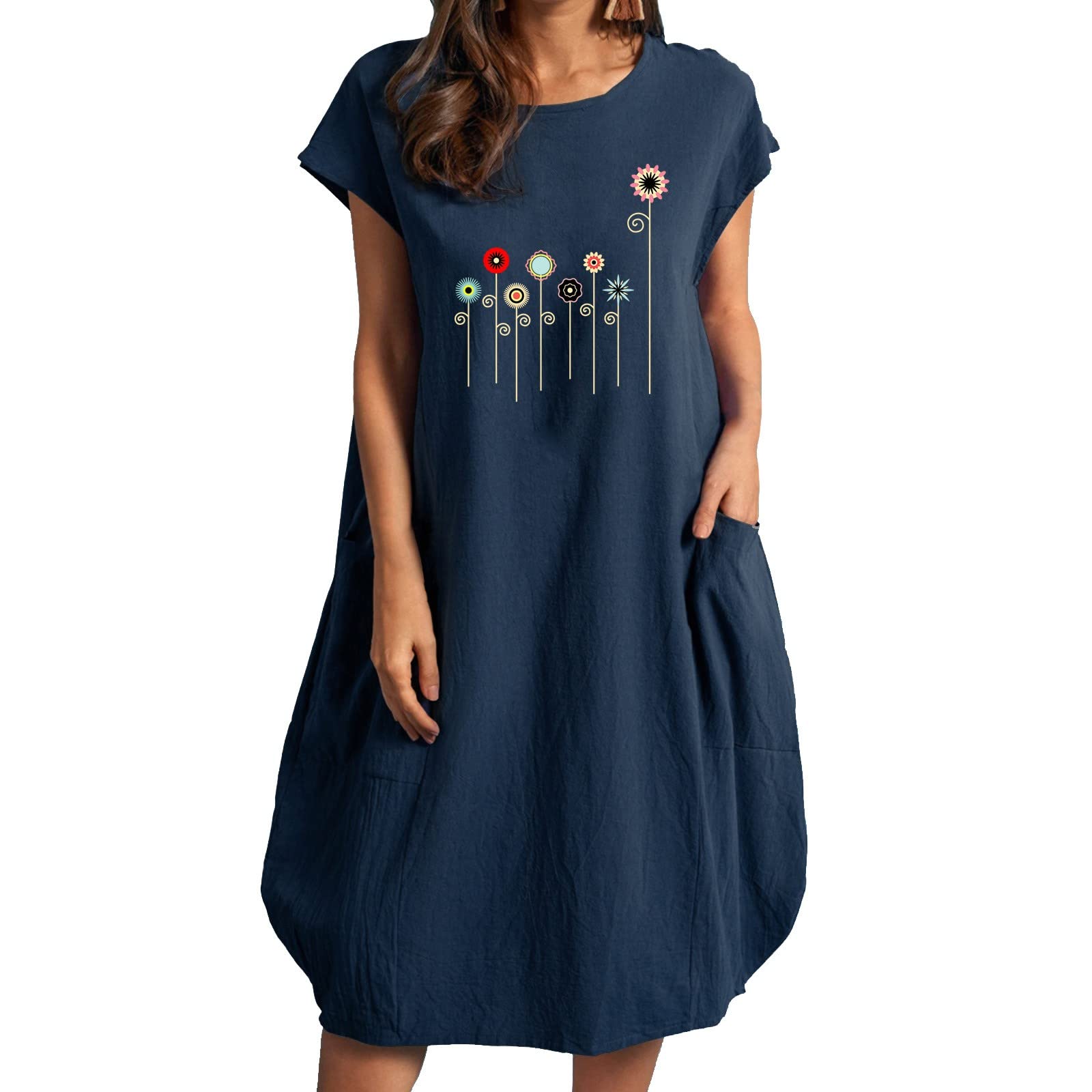 Women's Plus Size Short Sleeve Cotton Linen Small Flower Print Dress with Pockets