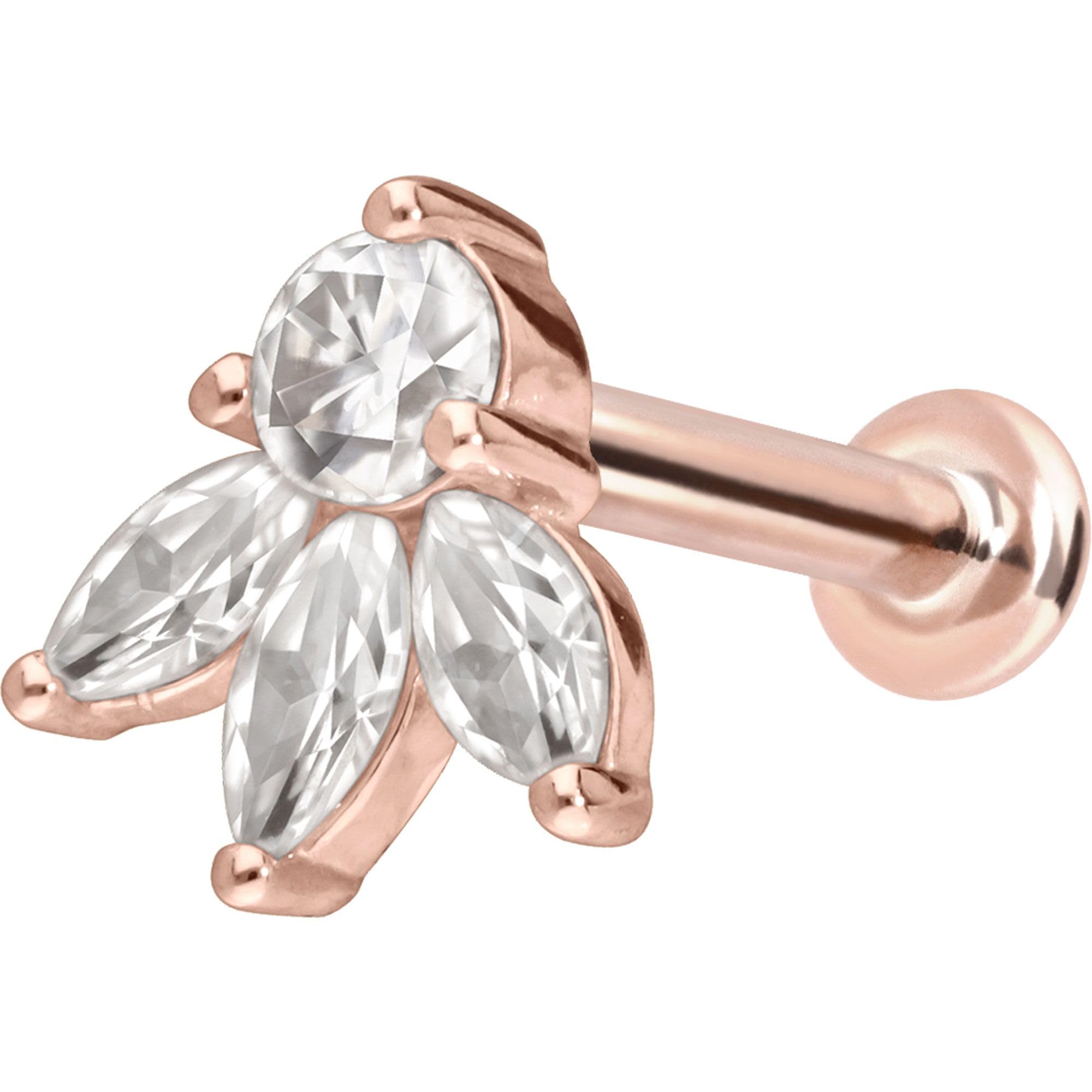 PIERCINGLINE Piercing Stecker 14 Gold Labret mit Innengewinde MOISSANIT-LOTUSBLÜTE 585er Gold - Roségoldfarben, Goldfarben, Silberfarben
