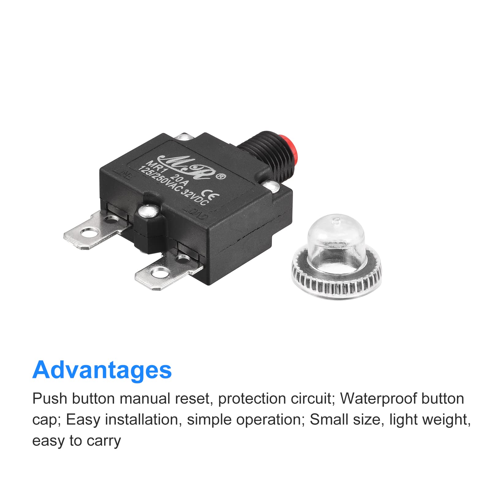 MECCANIXITY 20A Push Button Thermal Circuit Breaker – AC125/250V DC32V – Overload & Short Circuit Protection With Waterproof Cap (3-Pack)