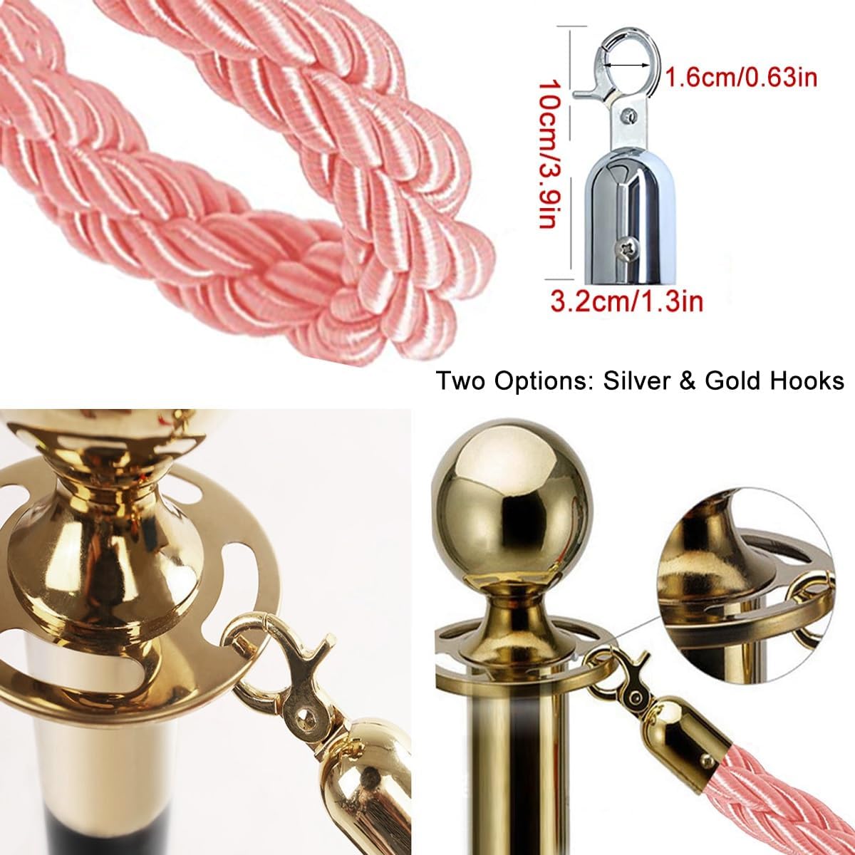 Braided Hemp Queue Rope Barrier, 2/13Ft with Safety Gold/Silver Hooks, Premium Pink-Gold 0.9m/3ft Crowd Control Stanchion, Durable & Stylish Event Barrier