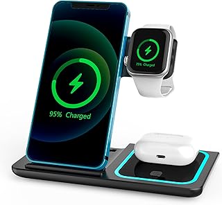 3-in-1 Wireless Charging Station - Fast Charge, Multiple Devices,Apple Watch, Stand Dock for iPhone Devices,Apple Watch, Samsung Devices, Watches, and Airpods Compatible with Wireless Chargers, Black