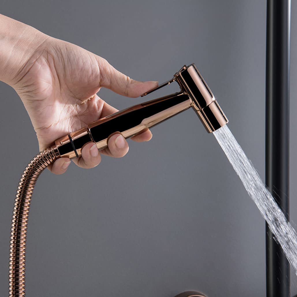 Set Doccia in Oro Rosa, Miscelatore termostatico a Parete, rubinetti per Bagno in Ottone con soffione a Pioggia da 10 x 8 Pollici e doccetta, Sistema di Lusso A（C）