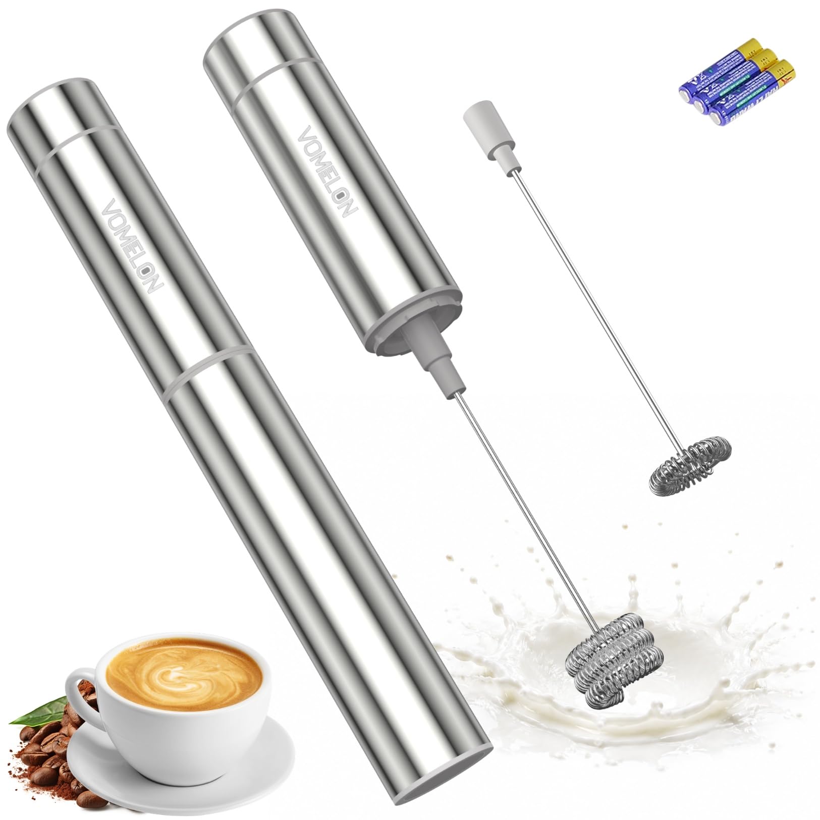 Montalatte portatile, a batteria, da viaggio, per caffè, latte, bevande, con 2 fruste in acciaio inox per cioccolata calda, batterie incluse, argento