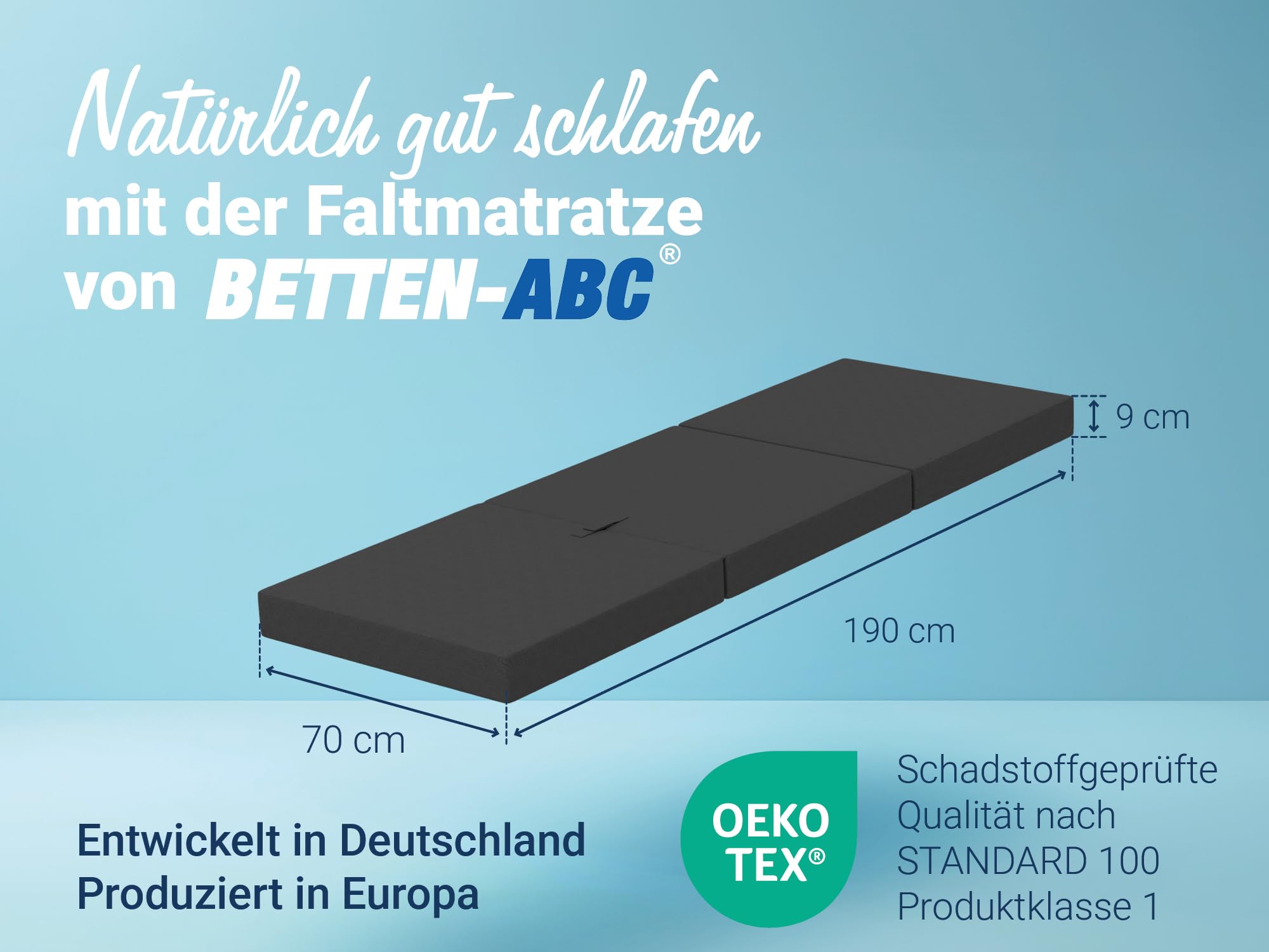 Betten-ABC - Faltmatratze anthrazit (3-TLG.) - ideale für Gäste - Klappmatratze für Reisen, Camping & Kinder zum Spielen - Oeko-TEX-Zertifiziert - Bezug aus Baumwolle & Polyester - leicht verstaubar