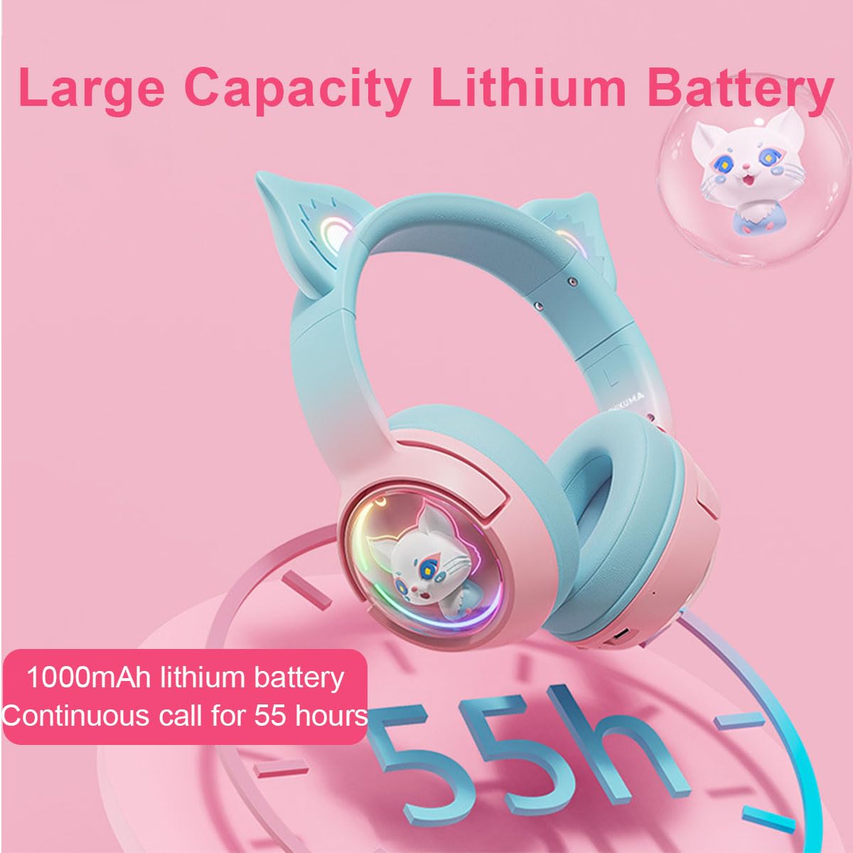 Casque Bluetooth sans Fil avec Oreilles de Chat - avec Microphone - avec lumière LED RVB - 2,4 GHz - USB-avec Oreilles de Chat - Son stéréo HD - pour PC, TV, Tablette
