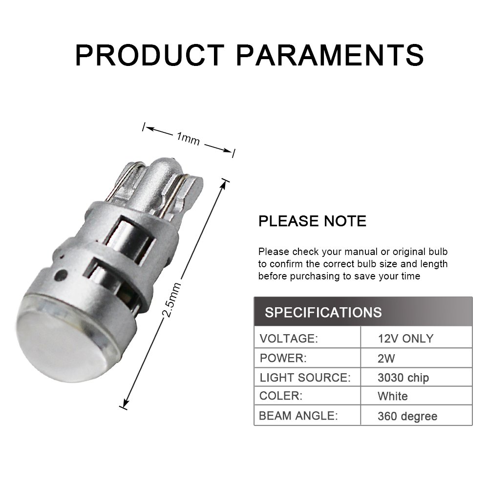 Yolu 2-Pack T10 LED White 1-SMD 3030 T10 W5W LED Bulbs Super Bright Interior Replacement Side Lights 168 194 2825 Wedge Bulbs for 12V License Plate Dashboard Side Marker Light Map Dome Lamp