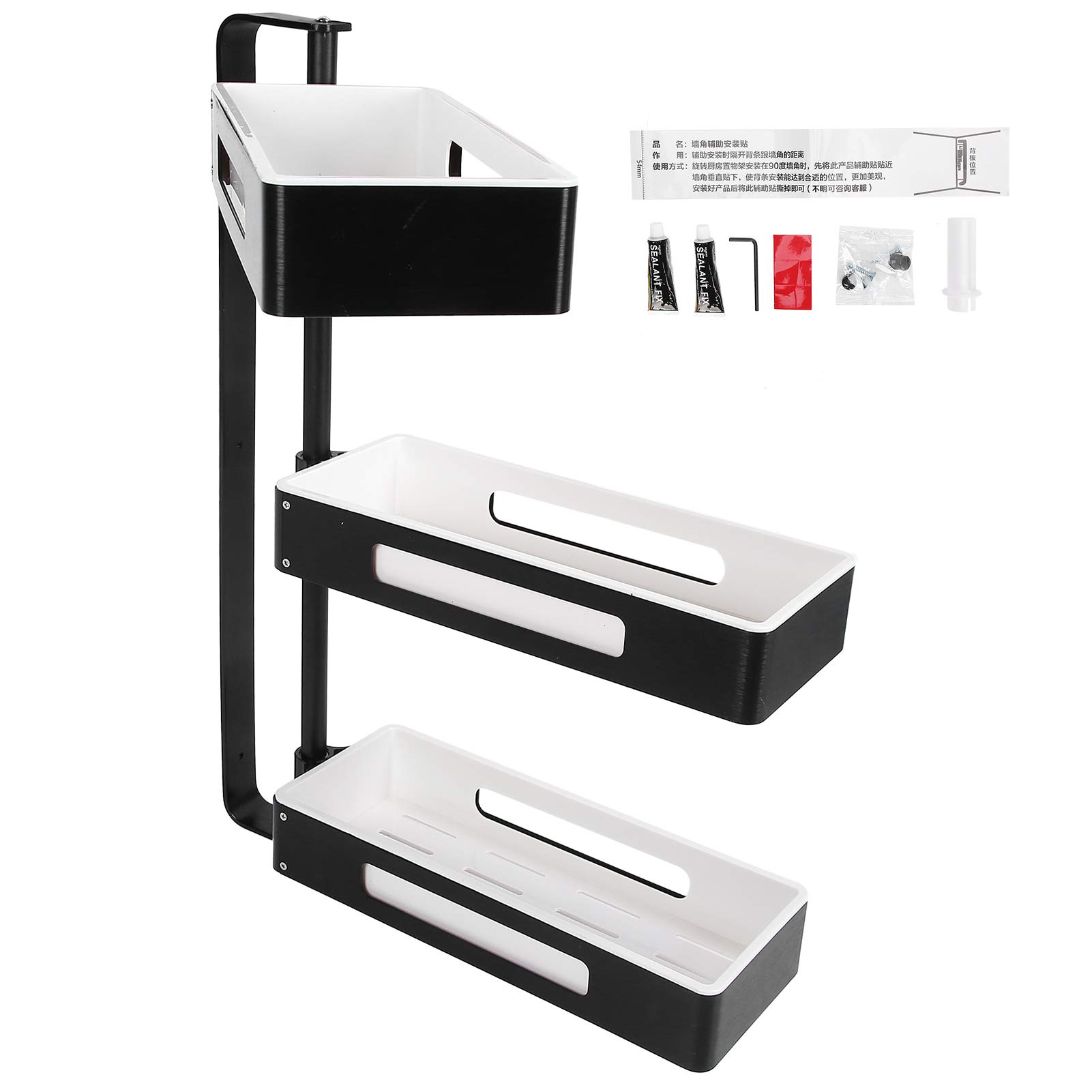 Estante de Cocina de 3 Capas, Estante Giratorio para Especias, Ajustable para Espacio de Cocina y Baño, Aluminio, Blanco y Negro, 59,4x35x13cm