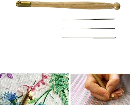 COPYLOVE Tambour Hook Needles Set - 3 Sizes #70, #90, #110 - Brass Needle - Wood Handle - Embroidery & Beading - DIY Gift
