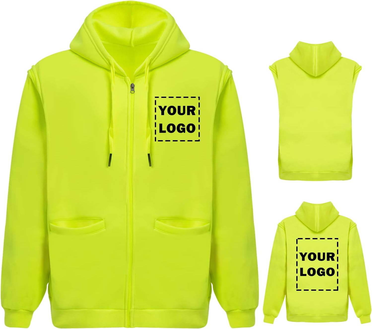 Hi Vis Safety Hoodie Sweatshirt with Removable Sleeve High Visibility Fleece Hooded Work Jacket