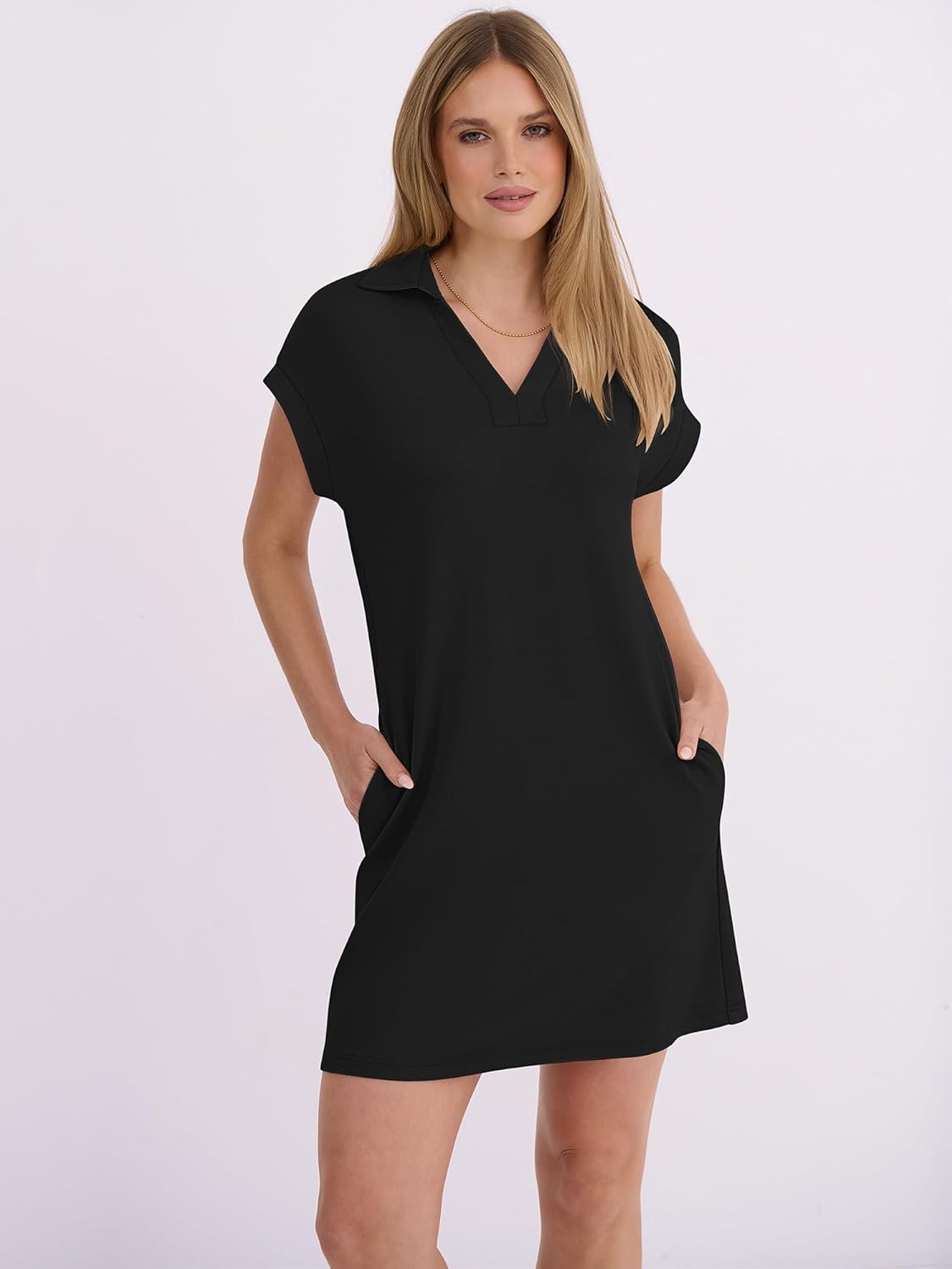 ANRABESS Women's 2026 Summer Collared V Neck Tshirt Dress Casual Cap Sleeve Spring Mini Vacation Dresses with Pockets - Image 3