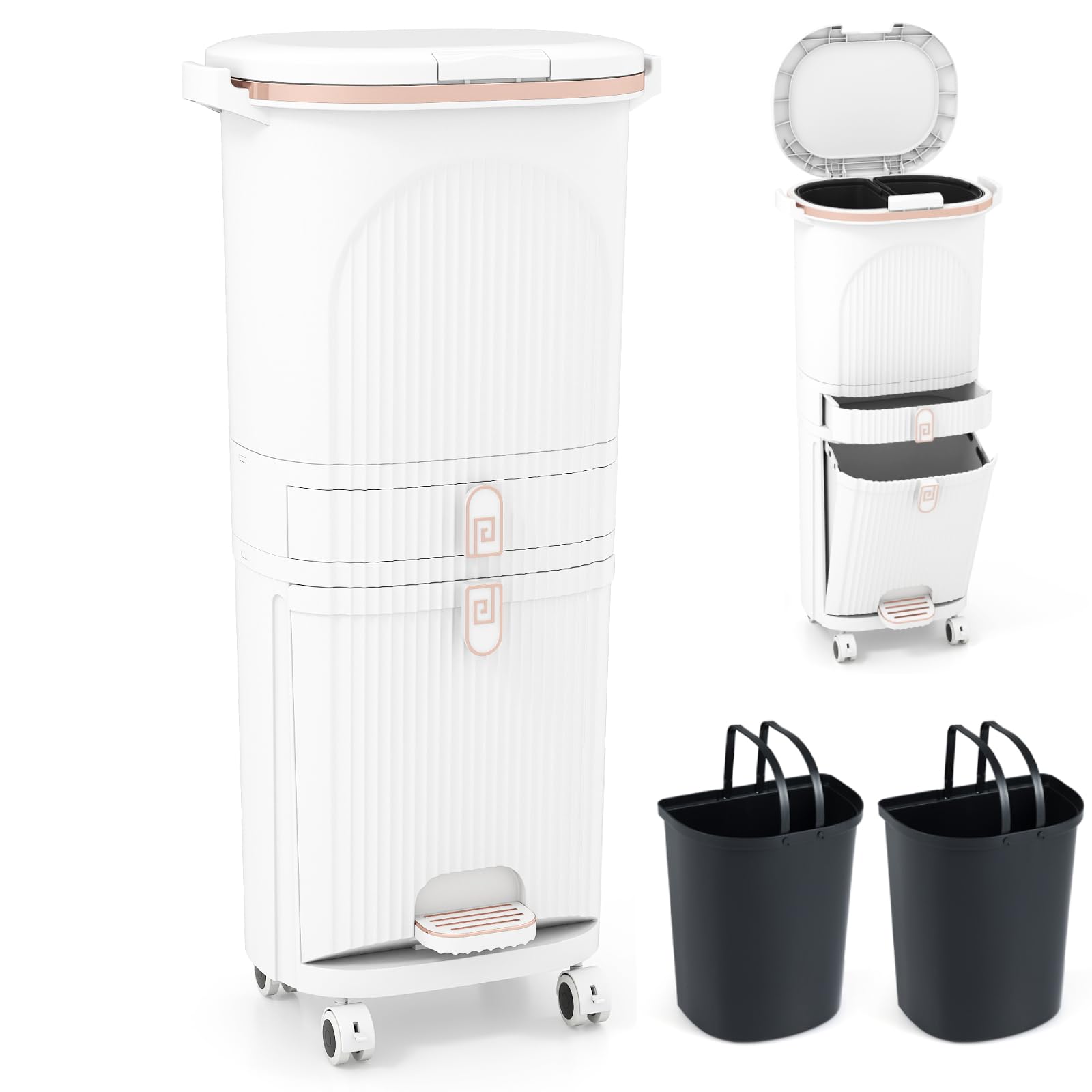 COSTWAY Recycling Bins, 38L/42L/43L Dry and Wet Separation Trash Can with 3 Compartments, Wheels, Stickers & Handle, Vertical Waste Separation System Pedal Garbage Can (White, 42L, 1 Lid, 1 Drawer)