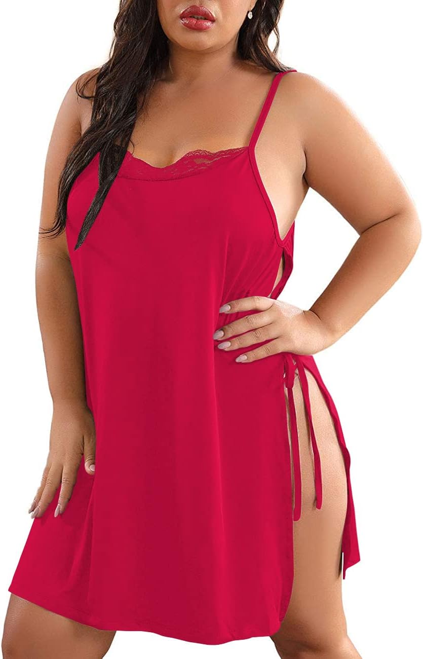 XAKALAKA Women Plus Size Lace Babydoll Lingerie Side Slit Strappy Chemise Sleepwear