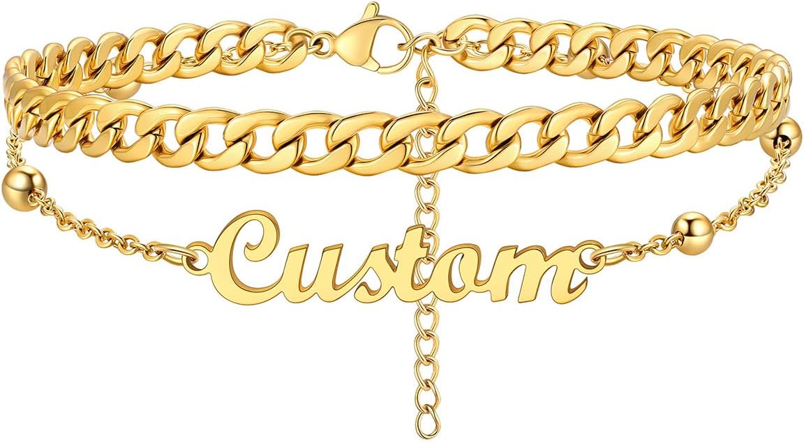 Custom4U Custom Name Anklet Bracelets for Women Waterproof Beaded/Figaro/Cuban/Rope/Wheat Chain Anklet Stackable Gold Plated Non Tarnish Custom Beach Gift Barefoot Summer Jewelry for Her