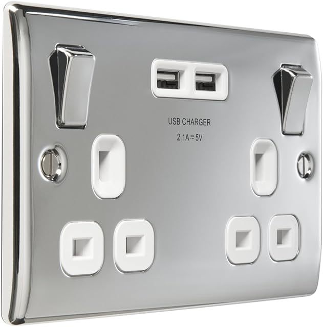 Masterplug 13 A 2 Gang Polished Chrome Switched Socket with 2 x USB Port - White Insert