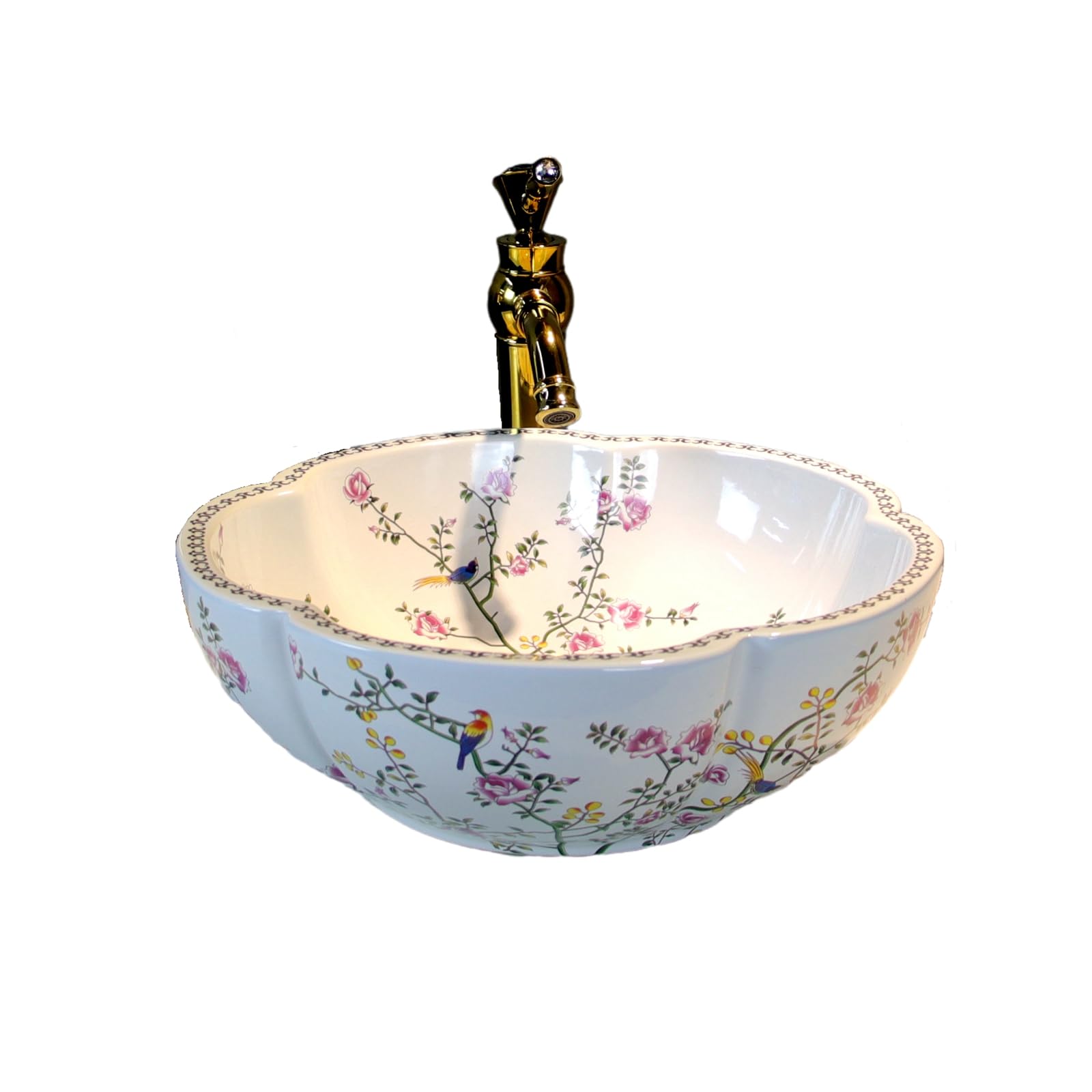 White Bathroom Vessel Sinks for Vanity Top Sink with Flower Bird Pattern|1 Aboe Counter Sink Only|H15cmxD41.5cmxBottom D.22cm
