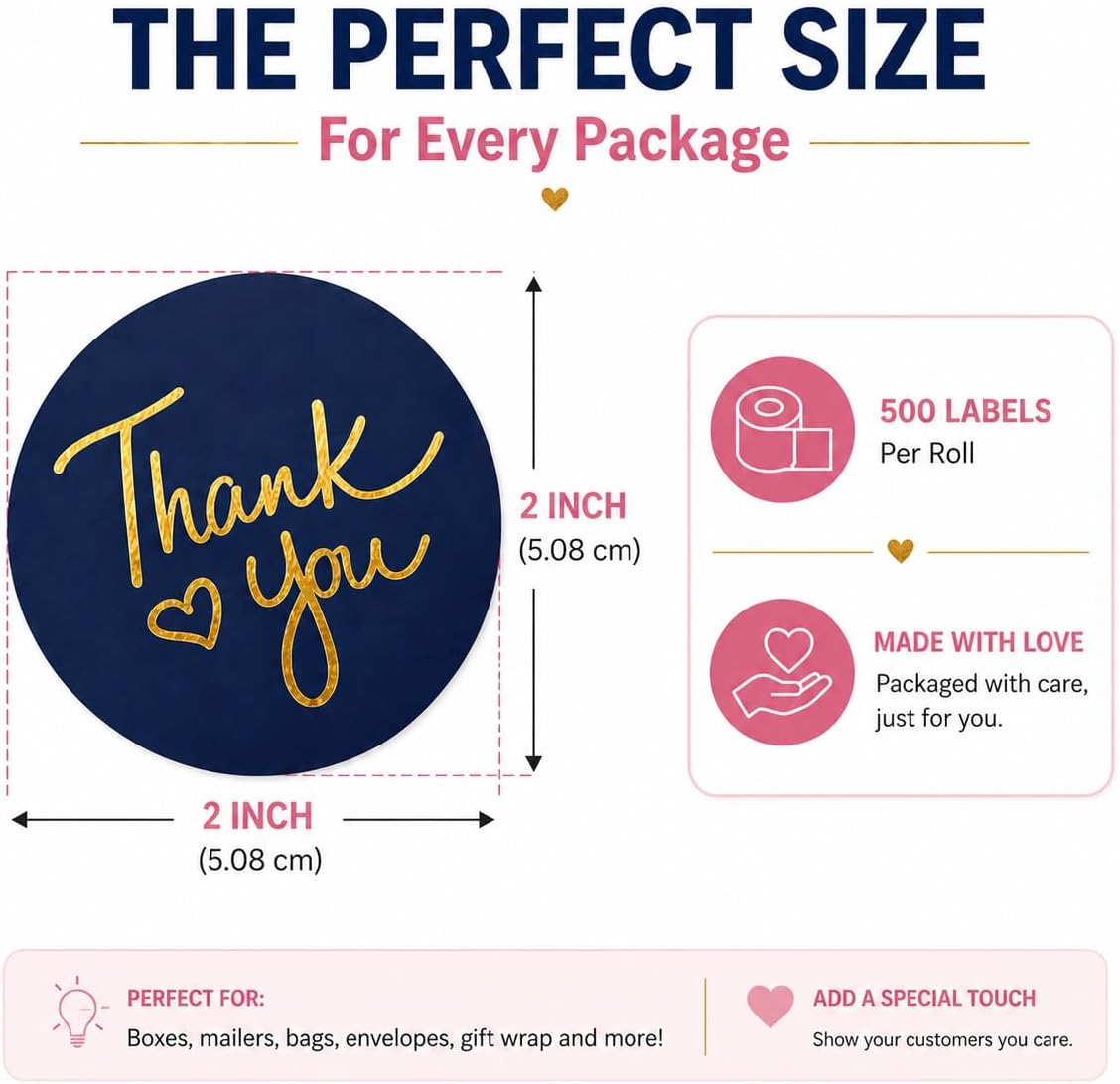 500 2 Inch Thank You Stickers, 1 Roll, Gold Foil Heart, Black White Pink image 4