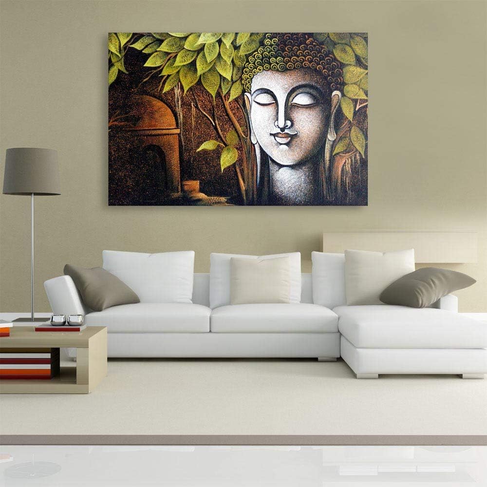 Inephos Cotton and Wood Buddha Wall Painting, Multicolour, Religious, 85 x 55 cm