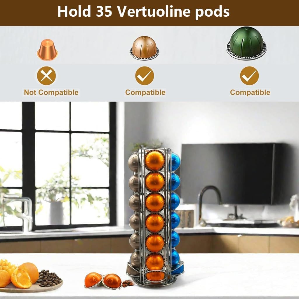 Kapselhalter für Nespresso Vertuo Kapseln, Kaffee Kapsel Ständer Drehbare Pod Rack hält Nespresso Vertuoline Kapseln (35 Pods), Silber