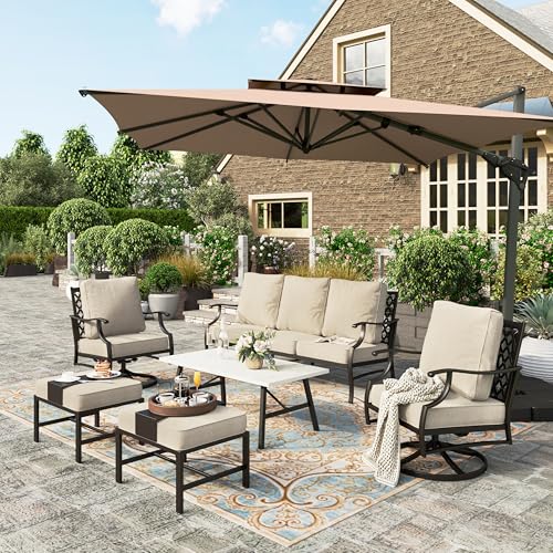 HERAS HOUSE 6 Piece Patio Furniture Set 2 x Swivel Cushioned Chair 2 x Cushioned Ottoman 1 x 3 Seat Sofa with Marbling Coffee Table Outdoor Conversation Set for Lawn Garden Backyard