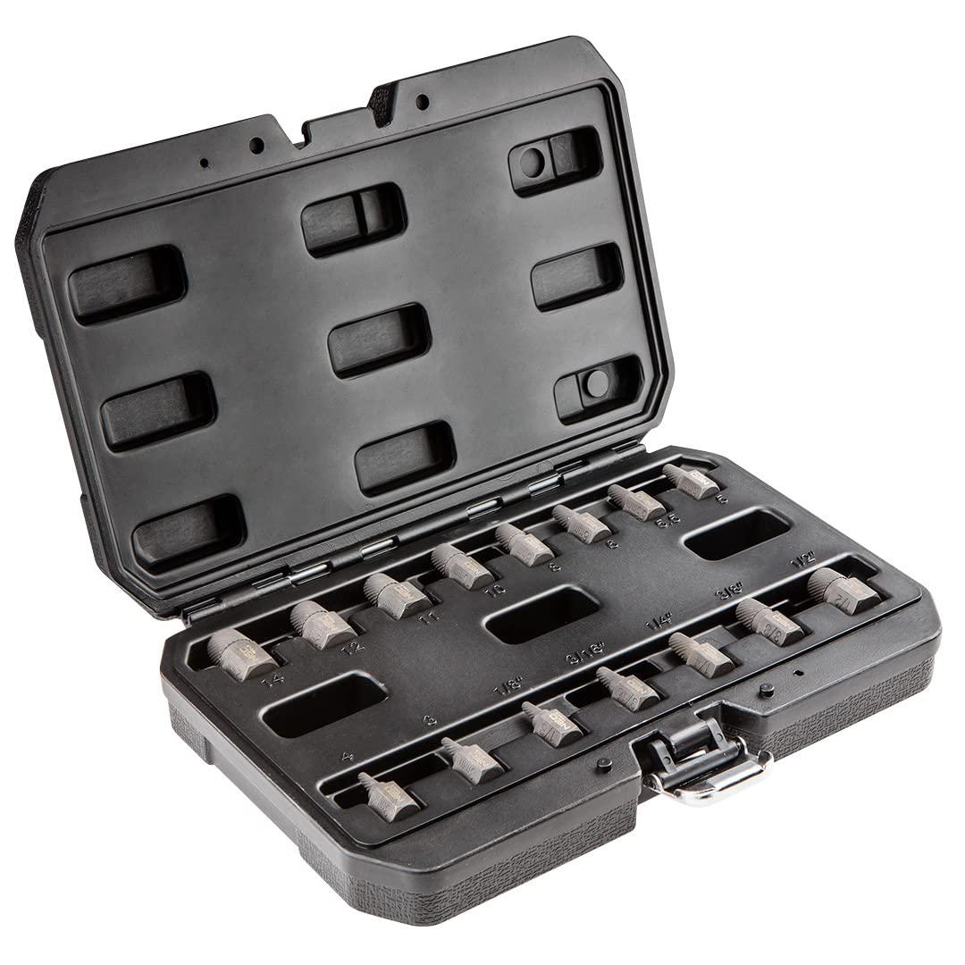 NEO TOOLS Wykrętaki do zerwanych śrub, zestaw 15 szt.; pudełko transportowe; stal CrV; 3, 4, 5, 5.5, 6, 8, 10, 1/8”, 3/16”, 1/4”, 3/8” mm z główką 12 mm oraz 11, 12, 14, 1/2” mm z główką 16 mm