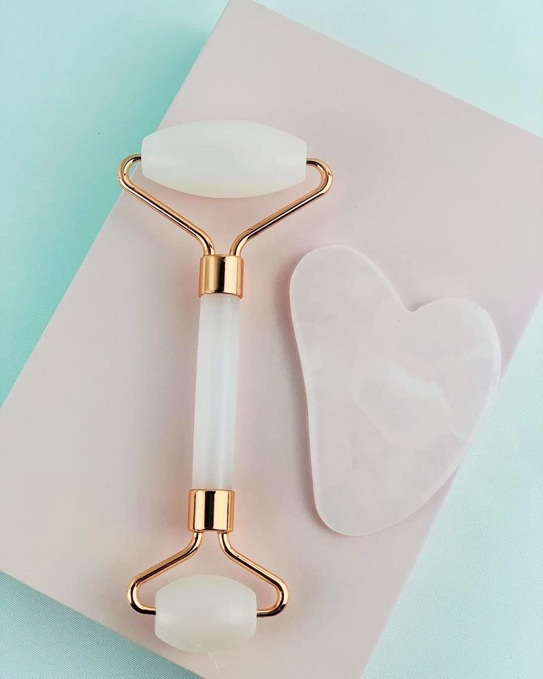 EllaWow Jade Roller and Gua Sha Set - Jade Roller Rose Gold for Face Lifting and Depuffing