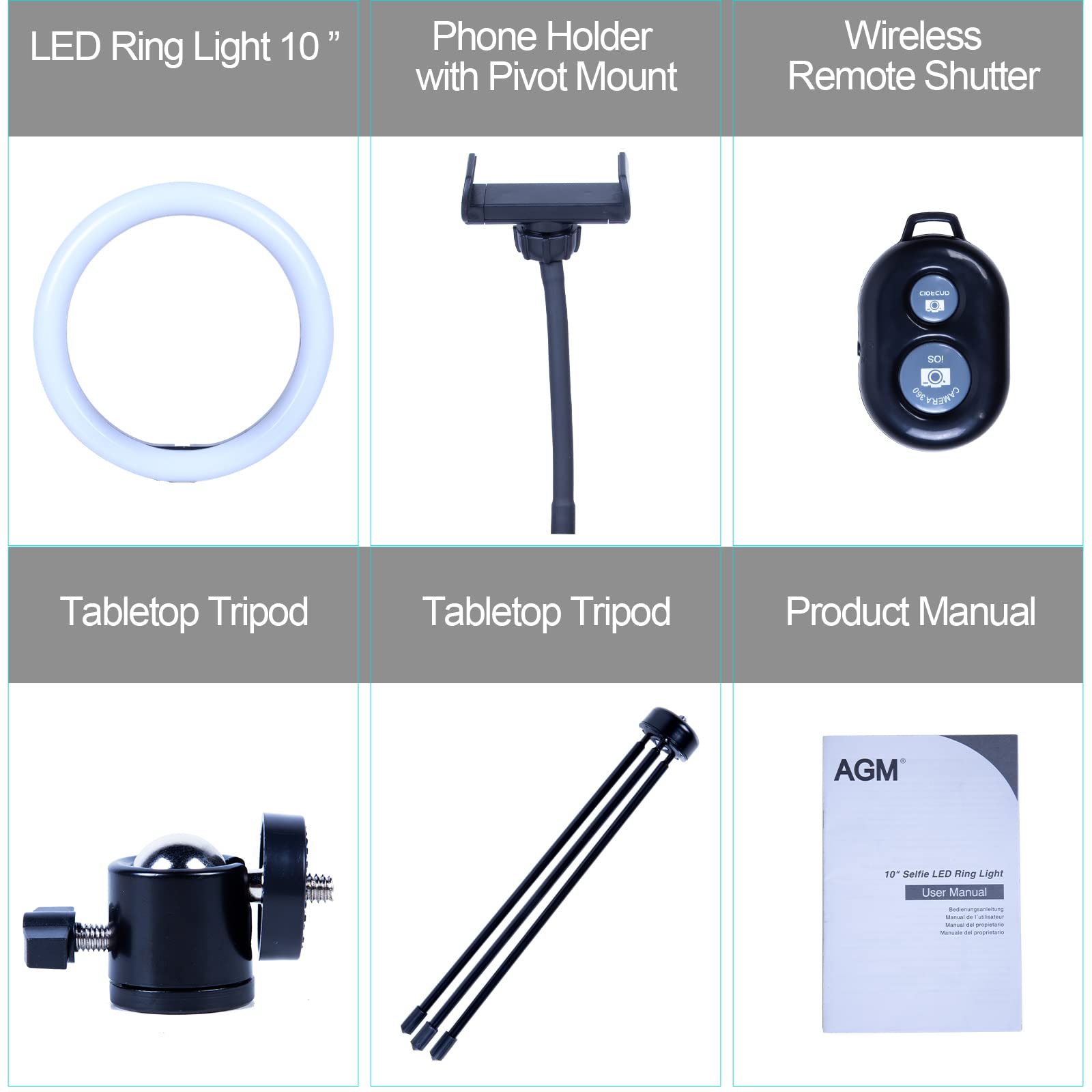 AGM 10" LED Selfie Ringlicht mit Mini-Tischstativ, Telefonhalter | Bluetooth-Fernbedienung für Live-Streaming-Fotografie Videografie…