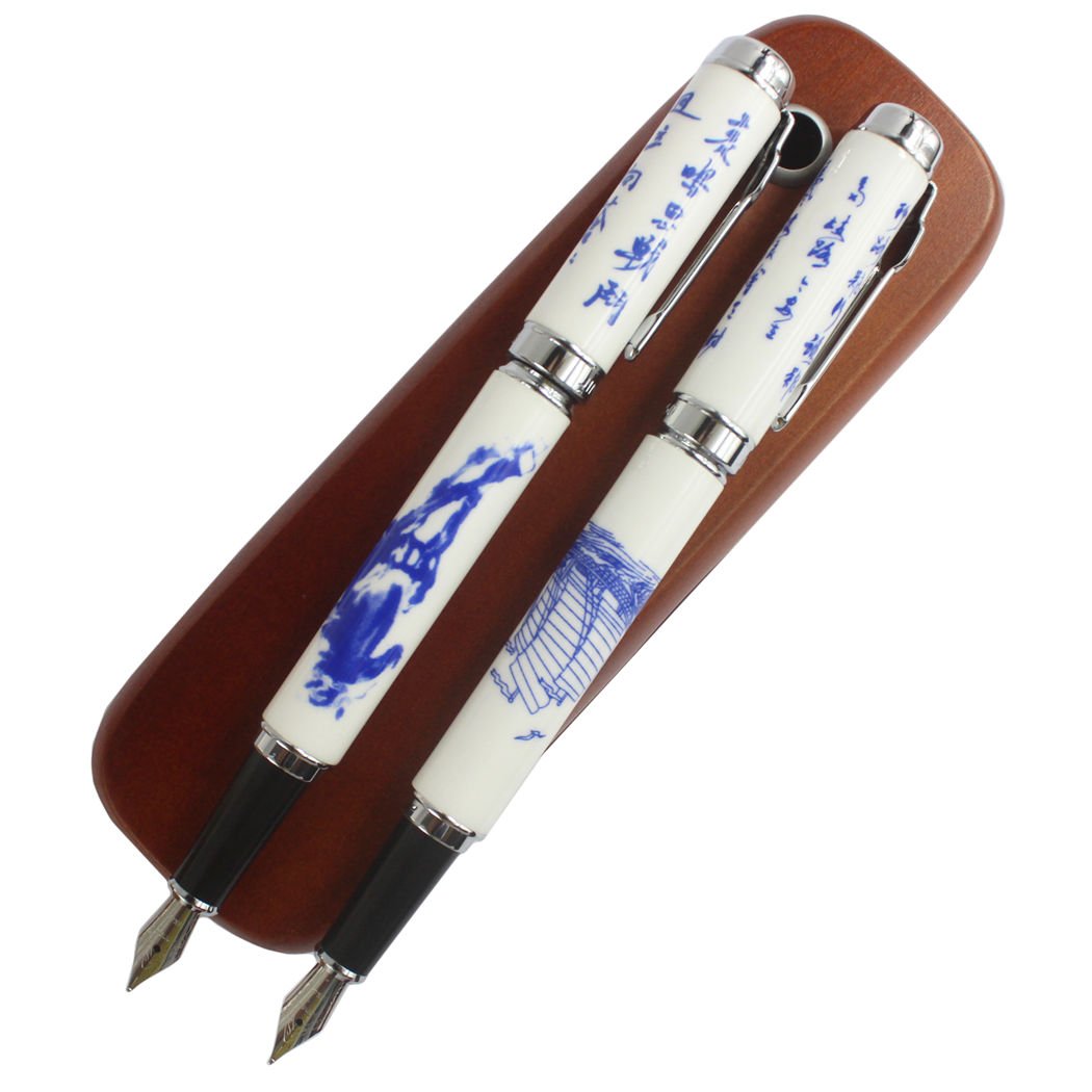GullorLuxury pens jinhao 950 blue and white horses and sailing with Chinese  calligraphy branches Brown Wooden pen box