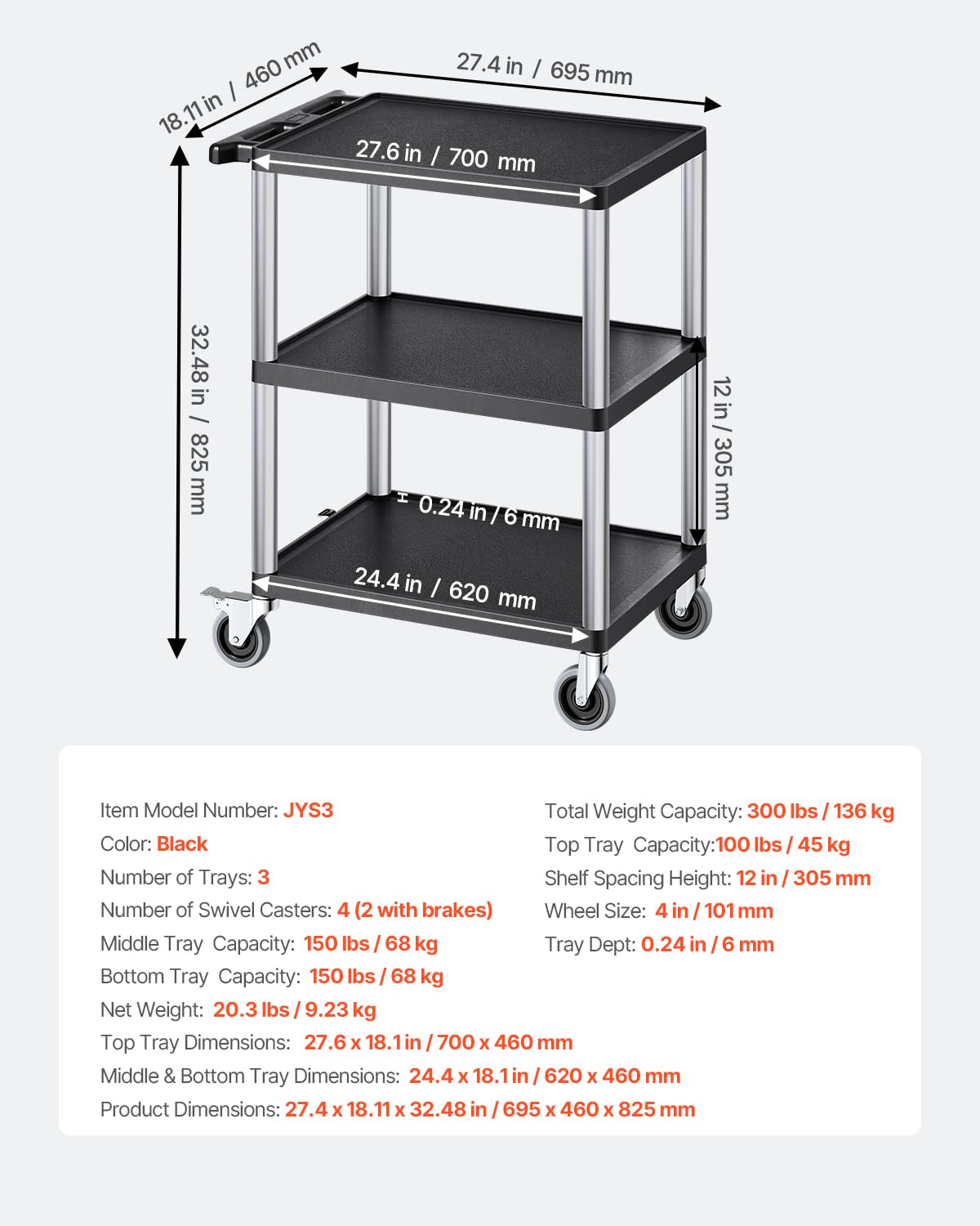 VEVOR Carro Multiusos, Carro de Servicio de Plástico Resistente de 3 Estantes 695 x 460 x 825 mm con Ruedas Giratorias de 360° (2 con Frenos), Carga de 136 kg, para Almacén, Garaje, Negro