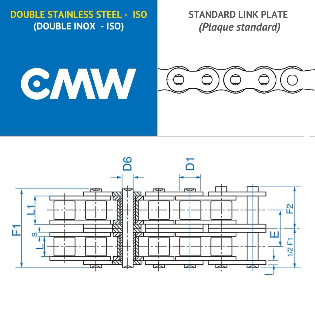 CMW - Catene di trasmissione standard - A doppia dentatura - Acciaio inox - Passo 25,4 mm - ISO - 16B-2 - Rotolo da 5 metri