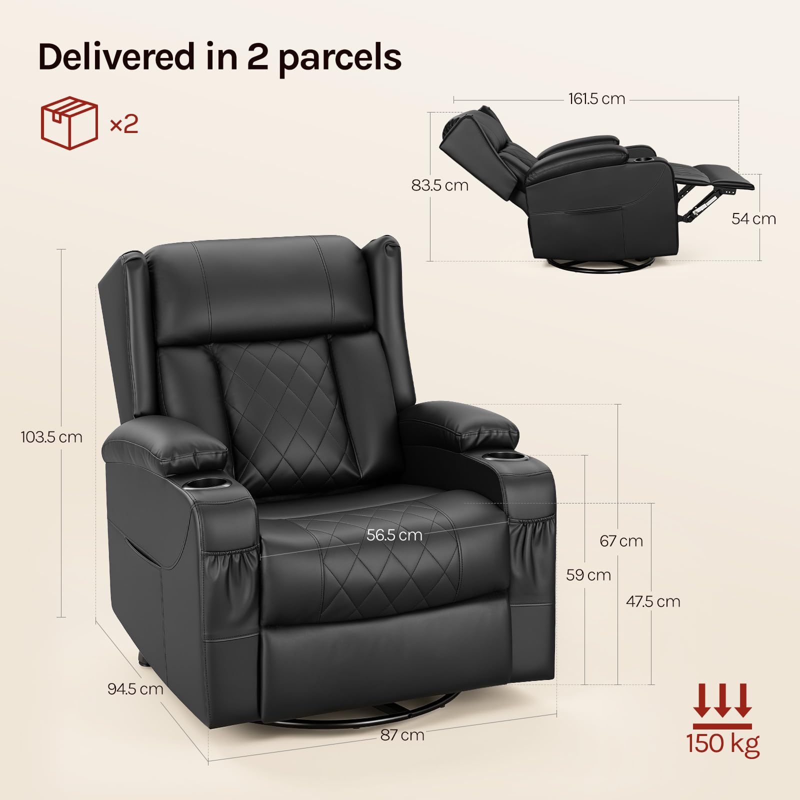 WOLTU Sillón Relax Reclinable, Giratorio 360°, PU, Negro | Sofa Individual Función Balanceo y Respaldo Ajustable, con Reposapiés, Bolsas Laterales y Portavasos, Carga 150 kg