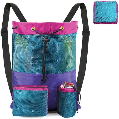 BeeGreen Beach Bag Backpack Swim Gym Bag for Swimmers Folding Into Pouch Mesh Drawstring Backpack for Women Men Swimming Pool Sports Gear Gym Workout