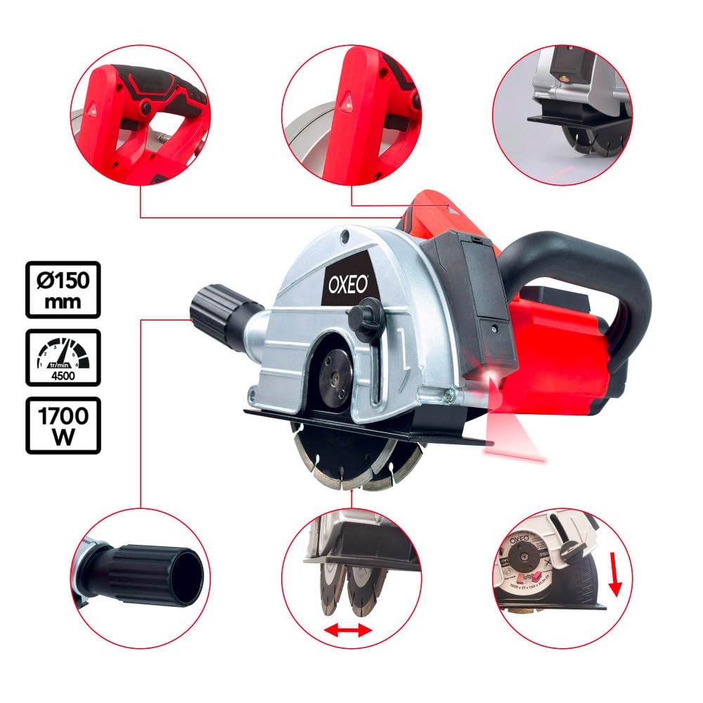 Rainureuse Laser 1700w - 2 disques diamantées Ø150mm - Largeur saignée : 14-19-29 mm - Profondeur : min 10mm a 40mm