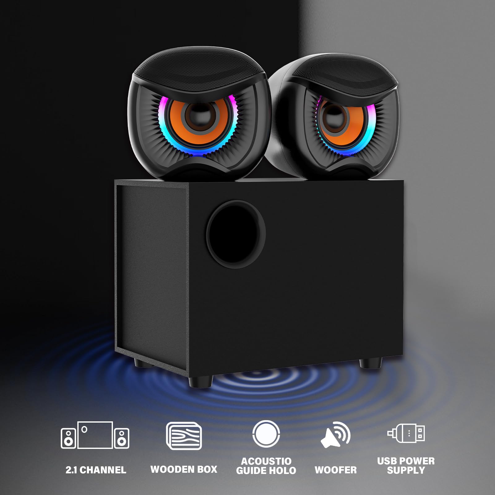 Altoparlanti per computer 2.1, sistema stereo da gioco con subwoofer RGB, altoparlanti ausiliari da 3,5 mm alimentati via USB cablati per PC, laptop, tablet, telefoni - nero